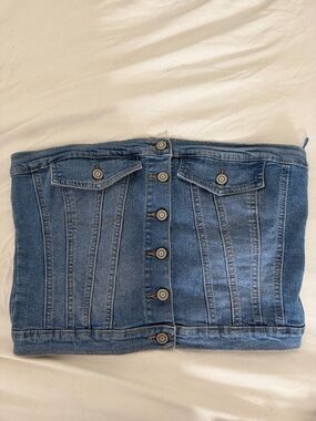 Women’s Blue Denim Button-Front Strapless Jeans Top